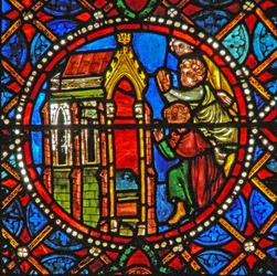 Fenster s4, das Grab der Heiligen Agatha mit Pilgern aus nah und fern