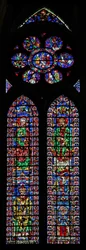 Fenster w102 mit Darstellung von St. Petrus und St. Andreas; Kathedrale von Soissons und ein Bischof; in der Rose Szenen aus dem Leben von St. Petrus