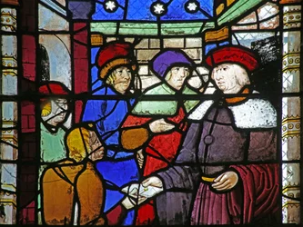 Fenster w10, Darstellung von St. Augustinus schreibt einen Brief, in dem er Bonifatius wegen seines Aufstands gegen die römische Autorität ermahnt