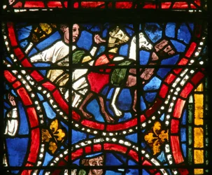 Fenster Nr. 11-L, Darstellung einer Szene aus der Geschichte von Joseph: Seine Brüder kehren nach Kanaan zurück