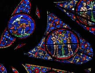 Fenster w115, die Schöpfung darstellend: Vögel, Adam und Eva und die Schlange