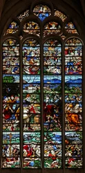 Fenster w124, Abraham und Melchisedek; St. Jakob im Kampf mit den Mauren in Spanien; Szenen aus dem Leben des St. Jakob