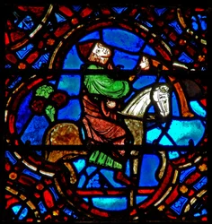 Fenster w12, Darstellung einer Szene im Fenster des barmherzigen Samariters: der Arzt kommt an