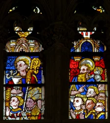 Fenster w137, den Heiligen Johannes mit einem Ritter und einem Bischof darstellend