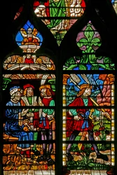 Fenster w232 zeigt eine Szene aus der Geschichte vom verlorenen Sohn: er fordert sein Erbe und verlässt das Haus