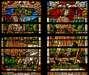 Fenster w232 zeigt eine Szene aus der Geschichte vom verlorenen Sohn: Reue setzt ein; er kehrt nach Hause zurück