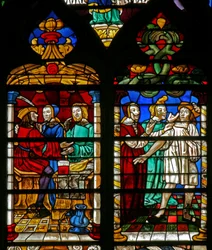 Fenster w232 zeigt eine Szene aus der Geschichte vom verlorenen Sohn: Wein, Frauen und Gesang fordern ihren Tribut; er ist ruiniert