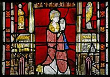 Fenster w23, das einen Stifter - Priester; architektonischer Rahmen darstellt