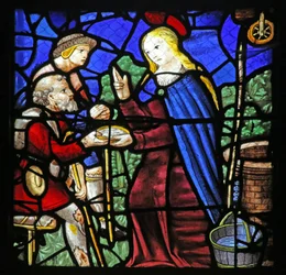 Fenster w24, das St. Genevieve, die einem Aussätzigen zu trinken gibt, darstellt