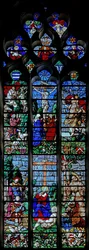 Fenster w25, Kreuzigung mit hl. Hubertus und hl. Christophorus; unten der Stifter Louis de Roncherolles und seine Frau Francoise de Halluin mit hl. Ludwig und hl. Franziskus