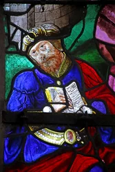 Fenster w2, St. Petrus mit Simon Magus, der seine Bücher zerreißt