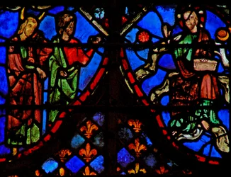 Moses und ein Begleiter; Gott in Herrlichkeit mit Sonne und Mond