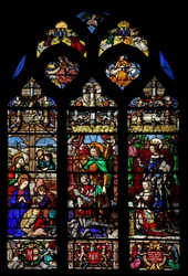 Fenster w6 mit der Geburt Christi und Hirten; Stifter Gaspard de Coligny und Frau und Schutzheilige
