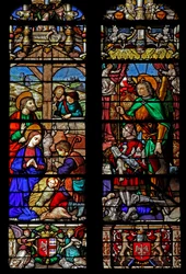 Fenster w6 mit der Geburt Christi und Hirten; Stifter schauen zu