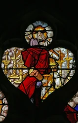 Fenster w9 mit Christus des Jüngsten Gerichts: St. Johannes schreibt an die Kirchen Asiens, symbolisiert durch die 7 Leuchter