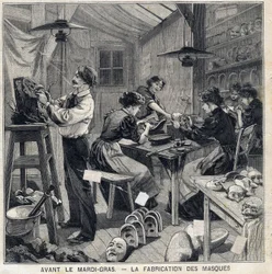 Werkstatt zur Herstellung von Masken für die Verkleidungen des Karnevals. In „Le Petit Parisien“ am 14.02.1897