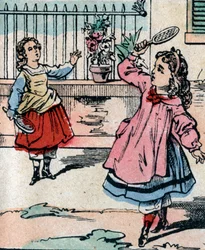 Junge Mädchen spielen Federball, ein frühes, dem Badminton ähnliches Spiel - Bild aus Épinal - 19. Jahrhundert