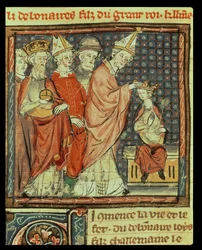 Fol. 142r: Die Krönung Ludwigs I. des Frommen (778-840), Kaiser des Heiligen Römischen Reiches, durch Papst Stephan IV. (Papst 816-817) in Reims im Jahr 816, aus den Grandes Chroniques de France, 1375-79