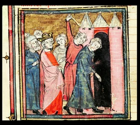 Karl Martell überwacht die Bestrafung und Verbannung zweier Männer, aus den Grandes Chroniques de France, 1375-79