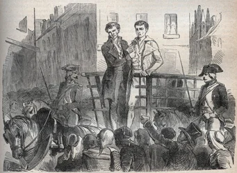 Affäre des Lyoner Postkuriers: Joseph Lesurques und Couriol gehen am 3. Oktober 1796 zur Guillotine - Gravur in „Berühmte Fälle aller Völker“ von Armand Fouquier