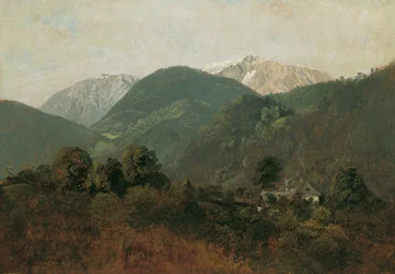 Blick von Scheuchenstein zum Gauermannhof mit Schneeberg im Hintergrund