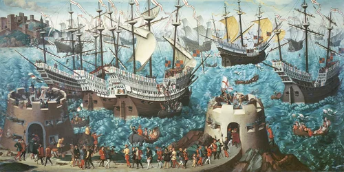 Einschiffung von Heinrich VIII. auf der Henry Grace a Dieu im Jahr 1520, kopiert von einem Gemälde von Vincent Volpi