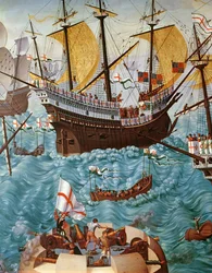 Einschiffung von Heinrich VIII. auf der Henry Grace a Dieu im Jahr 1520, kopiert von einem Gemälde von Vincent Volpi (Detail)