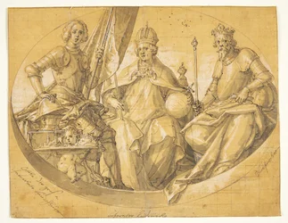 Entwurf für ein ovales Deckenbild(?) darstellend die Könige Otto der Große (912-973), Ludwig der Reiche (1417-1479) und Ruprecht (1352-1410)