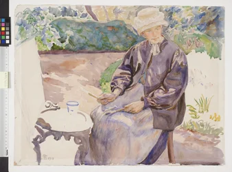Die Frau des Künstlers, die Malerin Anna Syberg, im Garten des Schmieds