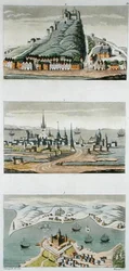 Skandinavische Häfen (von oben nach unten: Kopenhagen, Festung Segeburg und Festung Sund) c.1800-15, Tafel 50 aus 