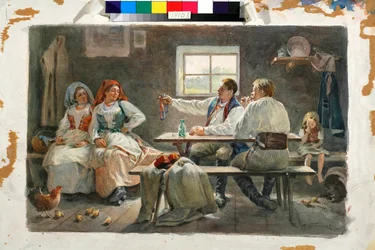 Der Verführer: Ein Mann zeigt mit dem Finger auf eine der beiden jungen Bäuerinnen, die neben dem Tisch sitzen, an dem er Platz genommen hat - Werk von Fjodor Fjodorowitsch Buchholz (Feodor Feodorovich Bukholts, Teodor Buchholz) (1857-1942)