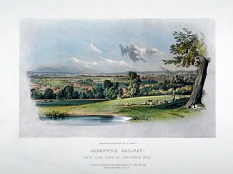 Ansicht der London und Greenwich Railway von der Rückseite der Greenwich Road, 1836