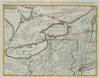 Pennsylvania, New York, südliches New Jersey, mit dem westlichen Teil von Connecticut, Massachusetts Bay und Land der Irokesen, Stich von G. Zuliani aus Band I des "Neuesten Atlas" veröffentlicht in Venedig 1778 von Antonio Zatta, Privatsammlung