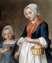 Kleines Mädchen fährt in der Klasse. Eine Mutter hält den Geschmack ihrer kleinen Tochter in einem Korb (Detail)