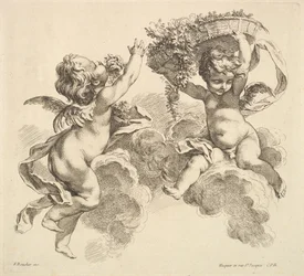 Zwei Kinder, eines hält einen Korb mit Blumen, 1738-45