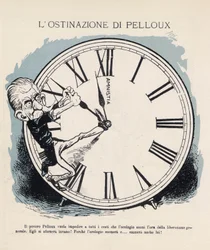 Karikatur des Präsidenten des italienischen Ministerrats Luigi Pelloux (1839-1924), der versucht, die Uhr zu halten, um die Stunde der allgemeinen Befreiung 1898 zu schlagen. Seine Regierung war sehr militaristisch und konservativ. Vignette von Gabriele Ga