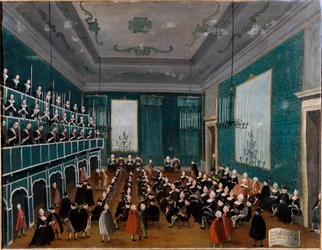 La cantata delle putte delli Ospitali. Gruppe von Waisen, die in venezianischen Krankenhäusern aufgenommen wurden und Teil von Chören zur Zeit von Antonio Vivaldi waren. Gemälde von Gabriel Bella (1730-1799) 18. Jahrhundert Palazzo Querini Stampalia Venedi