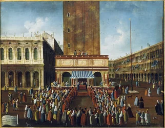 Öffentliche Lotterie an der Loggetta, dem Markusplatz, Venedig - Das Spiel der Lotterie (Verlosung) an der Loggetta auf dem Markusplatz in Venedig