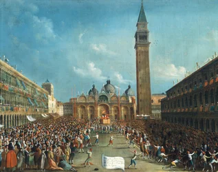 Der Doge wird triumphierend getragen und verstreut Geld auf dem Markusplatz