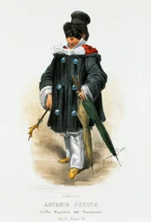 Der Schauspieler Antonio Petito (1822-1876) in Bühnenkostüm in der Parodie Der Troubadour, Lithographie von Gaetano Dura (1805-1874)