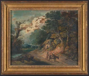 Landschaft: Figur reitet auf einem Esel