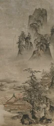 Landschaft: Berge, Bach und Häuser, Muromachi-Periode, frühes 16. Jahrhundert