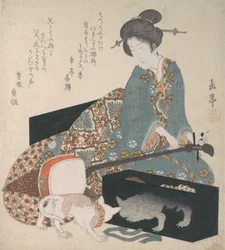 Frau, die ein Shamisen stimmt, und eine Katze, die ihr eigenes Spiegelbild betrachtet