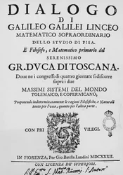 Titelseite des „Dialogs über die beiden hauptsächlichsten Weltsysteme, das ptolemäische und das kopernikanische“ von Galileo Galilei (1564-1642), 1632 in Florenz von Gian Battista Landini veröffentlicht