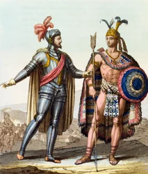 Die Begegnung zwischen Hernán Cortés (1485-1547) und Montezuma II. (1466-1520), aus „Le Costume Ancien ou Moderne“ von Jules Ferrario, Mailand, ca. 1820