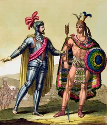 Die Begegnung zwischen Hernando Cortés und Montezuma II., Mexiko, 1519, ca. 1820-1839