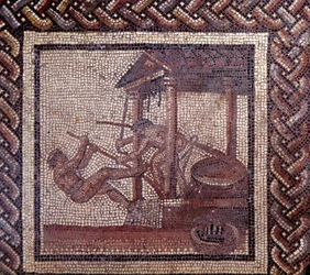 Gallorömische Kunst: Mosaikpflaster mit der Darstellung eines ländlichen Kalenders. Eine Ölpresse. Ende des 2., Anfang des 3. Jahrhunderts n. Chr. Aus Saint-Romain-en-Gal (Rhône). Saint-Germain-en-Laye, Nationalmuseum für Archäologie