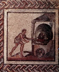 Gallorömische Kunst: Mosaikpflaster, das einen rustikalen Kalender darstellt. Brotbäckszene. Ende 2., Anfang 3. Jahrhundert n. Chr. Aus Saint-Romain-en-Gal (Rhône). Saint-Germain-en-Laye, Nationalmuseum für Archäologie