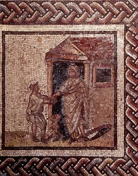 Gallorömische Kunst: Mosaikfußboden mit der Darstellung eines bäuerlichen Kalenders. Festszene. Ende des 2., Anfang des 3. Jahrhunderts n. Chr. Aus Saint-Romain-en-Gal (Rhône). Saint-Germain-en-Laye, Nationalmuseum für Archäologie