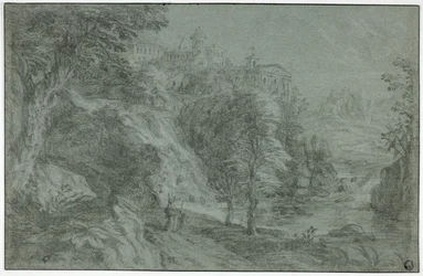 Italienische Landschaft mit Kirche auf Klippe